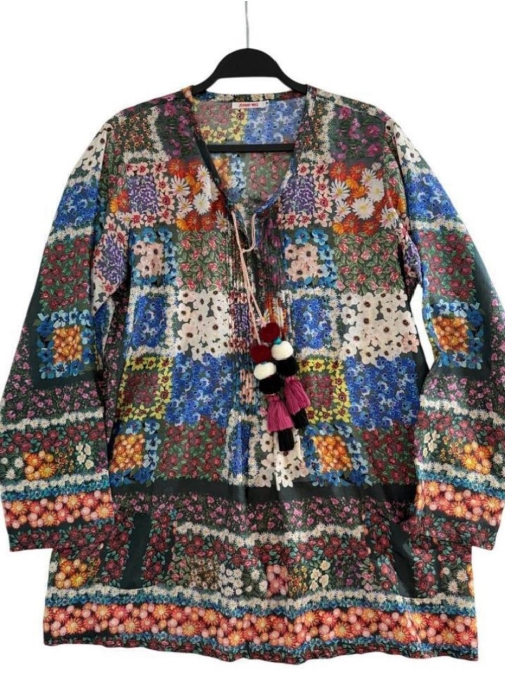 Johnny Was Silk Daisy Floral Patchwork blouse size XXL